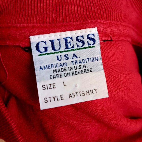 Vintage Large T-shirt Single Stitch Guess Jeans Mens 1994 90's USA Burgundy/Red - Picture 6 of 7